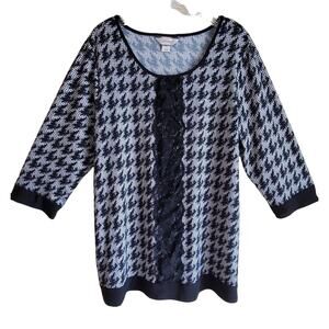 CHRISTOPHER CJ BANKS Women X 14 Tunic Top Black & White Houndstooth Lace 40"